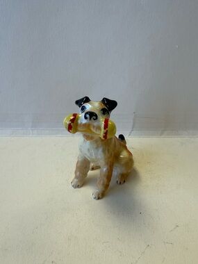 Vintage Mini Terrier Dog Japan Kelvin's  Ceramic Figurine with Yellow Bone Toy.